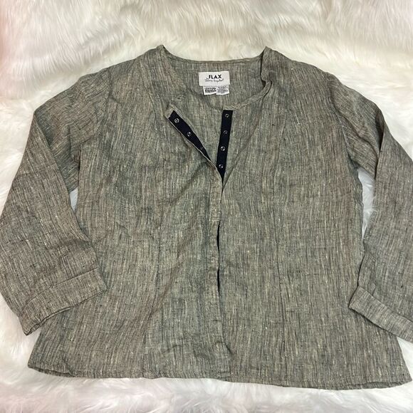 Flax Button Snap Black Tweed Linen Shirt C14 - Picture 1 of 11